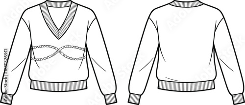 Women V neck sweater technical fashion drawing front and back view rope detail knitted pullover outline illustration cozy modern apparel