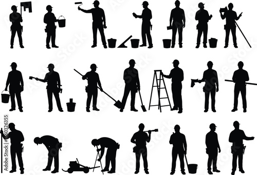 Construction worker silhouette, labor activity icon, safety gear figure, manual task pose, industrial job graphic, black shadow design, occupational tool action, worksite role illustration