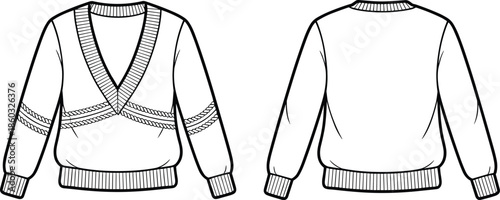 Women V neck sweater technical fashion drawing, front and back view, rope band detail, knitted pullover, cozy modern apparel outline illustration