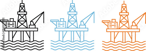 Offshore oil rig line icon set in black, blue, and orange, industrial energy platform illustration for petroleum, gas, and maritime design
