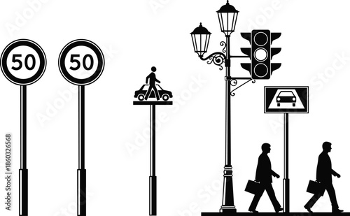 Urban traffic signs and street elements silhouette set featuring speed limit pedestrian crossing traffic lights street lamps city road safety vector illustration