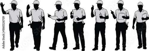 Construction worker silhouettes, hard hat professionals, black outline, clipboard and tools, safety attire, engineering team, job site roles, labor crew, industrial staff, technical poses