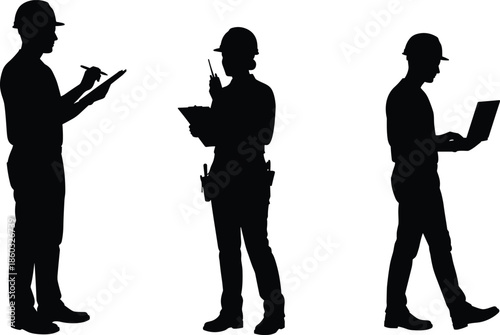 Construction workers silhouette, hard hat professionals, clipboard tasks, walkie talkie communication, laptop usage, engineering roles, black outline, technical team, job site activity, safety gear