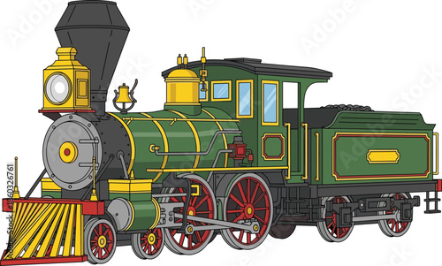 Vintage steam locomotive illustration featuring classic railway engine detailed wheels boiler smokestack and coal tender isolated colorful vector transportation design