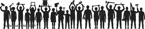 Construction workers silhouette, raised tools, labor unity, black outline, skilled trades, teamwork concept, vocational strength, manual work, industrial effort, tool diversity, workforce pride