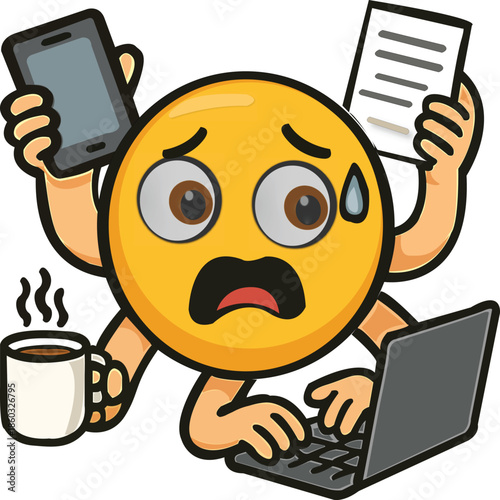 Stressed emoji character multitasking with many hands and office tasks./ Overwhelmed businessman emoji icon dealing with work pressure. Art & Illustration