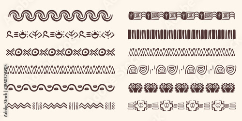 Set african tribal ethnic border, divider doodle hand drawn from geometrical shapes isolated. Boho motif scandinavian srtoke, traditional native decor.