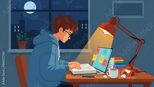 Diligent student focused on remote learning at desk during a quiet evening