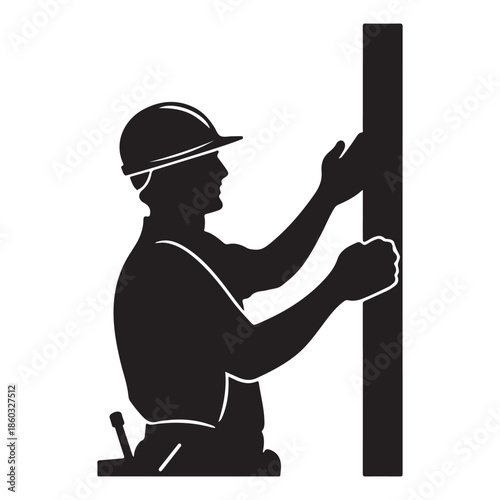  Black and white silhouette icon of a skilled worker performing construction tasks on a support beam