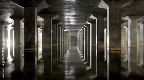 Concrete pillars in flooded underground chamber with reflections