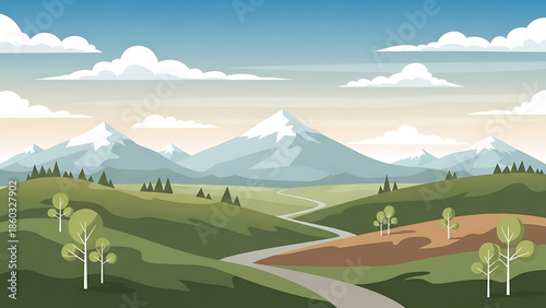 Picturesque natural landscape with rolling green hills, majestic snow-capped mountains, and a peaceful winding road under a clear sky