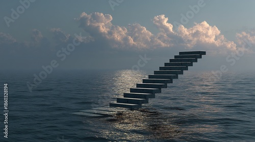Floating staircase ascending above the open sea at dusk