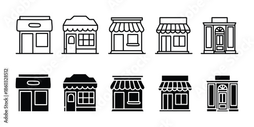 Storefront Building Icons Collection. Shop and Store Building Icon Set