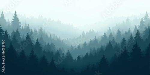 Misty mountain landscape with foggy peaks, forested valleys, and clouds in the calm morning light