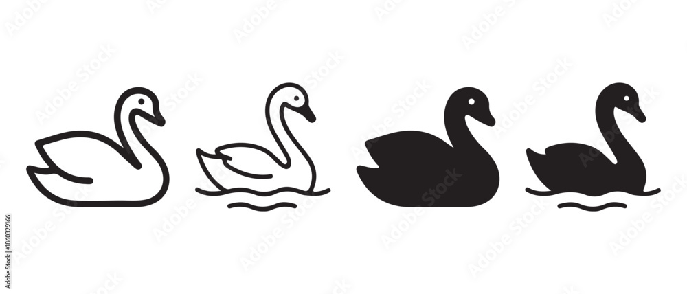 Fototapeta premium Swan Icons Set. Outline, Filled, Silhouette on Water, Vector Graphics.