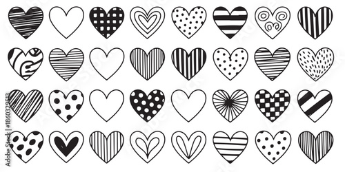 Patterned hearts with solid fills and intricate line designs vector set for love theme