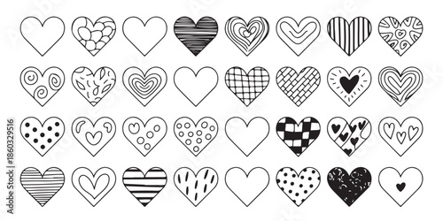 Outline hearts with doodle patterns and simple designs vector set for love concept