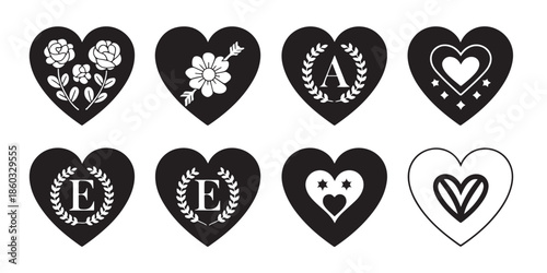 Decorative black heart shapes with floral elements monogram and jewelry designs