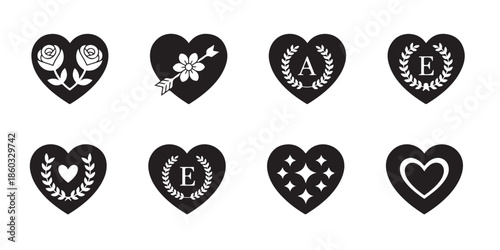 Collection eight black and white heart icons featuring various romantic symbols and initial letters