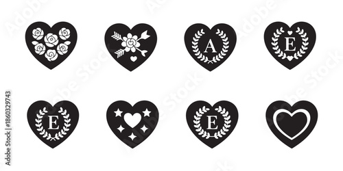 Eight heart shaped emblems with floral initial and various celebratory decorative patterns vector set