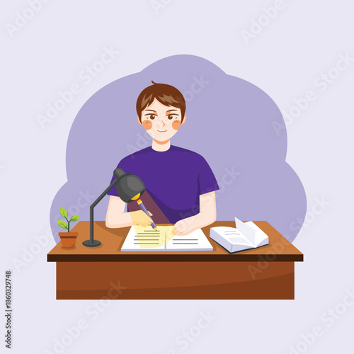 A flat illustration of a child studying and writing at a desk, representing education, learning activities, and academic focus.