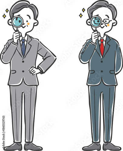 虫眼鏡をのぞく中高年ビジネスマン　全身　ベクター