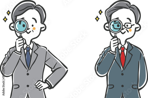 虫眼鏡をのぞく中高年ビジネスマン　上半身　ベクター