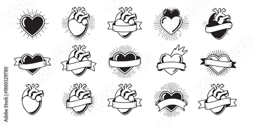 Set of stylized anatomical human heart icons with sunbursts and decorative ribbons vector designs