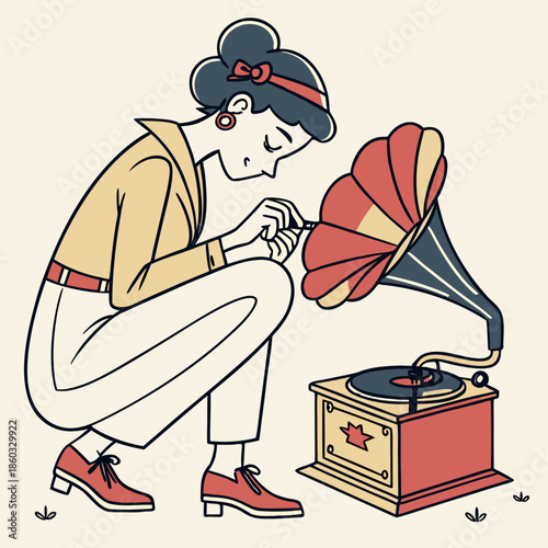 Woman adjusting antique gramophone indoors