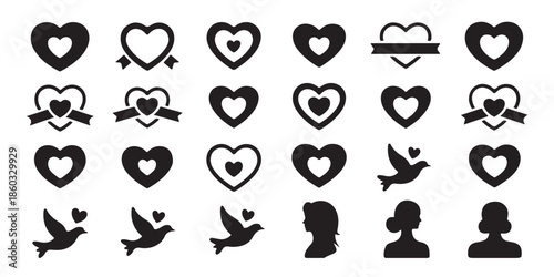 Heart icons and bird silhouettes collection for valentine day wedding and romantic graphics