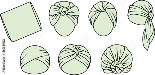 Headwrap style illustration set, fabric wrap techniques, turban tying variations, vector fashion icons for cultural expression, hair styling, branding, and fashion design content