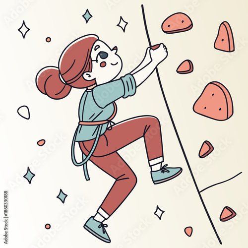 Woman climbing an indoor rock wall with determination