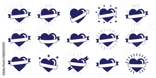 Heart with ribbon valentines day tattoo style icons vector collection set