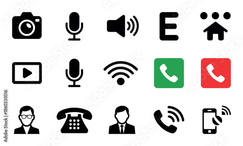 Video Call Icon Set Vector – Mic, Mute, Video, Chat, and Screen Share Buttons