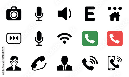 Video Call Icon Set Vector Illustration. Complete Communication Graphics featuring Mic, Mute, Video, Chat, and Screen Share Buttons
