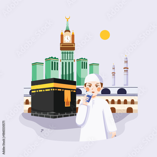 A flat illustration of a Muslim pilgrim drinking Zamzam water with the Kaaba in Mecca as the background, representing sacred Islamic worship and pilgrimage rituals.