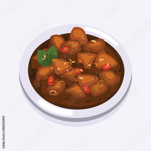 A flat illustration of a spicy beef dish served in a bowl, ideal for culinary menus, food promotions, and traditional cuisine visuals.