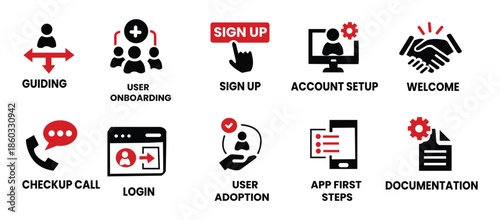 User onboarding solid vector icon collection, welcome, sign up, user guide, tutorial, UX, login and more.