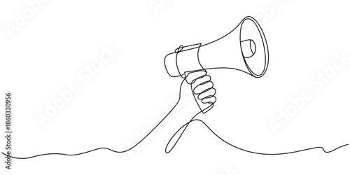 Single one line drawing a hand in casual clothes is holding a megaphone. A tool to help many people hear. Important announcement. National Be Heard Day. Continuous line design graphic illustration