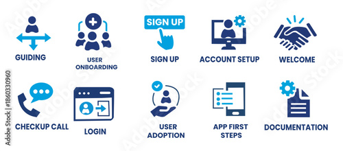 User onboarding solid vector icon collection, welcome, sign up, user guide, tutorial, UX, login and more.