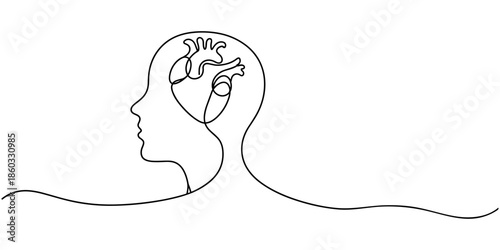 Continuous one line drawing of head with heart inside. Concept of falling in love and empathy symbol in simple linear style. Good mental health in editable stroke. Doodle vector illustration