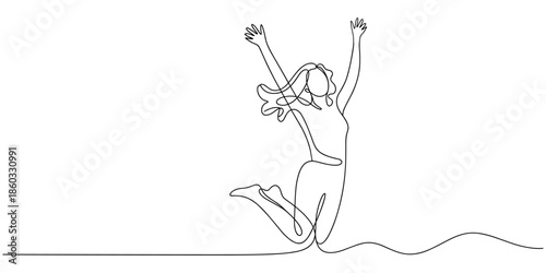 Happy jumping celebrating illustration in continuous one line drawing. Happy person jumping high giving high five in one line draw. Editable vector, continuous line drawing of four jumping happy team