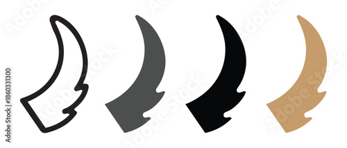 Set of Horn Icons. Outline, Gray, Black, Tan on white background.