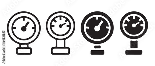 Pressure Gauge Icons. Line Art and Solid Black Vector Set.