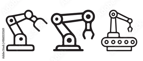 Industrial Robot Arm Icons Set. Automation, Manufacturing, Technology Line Art.