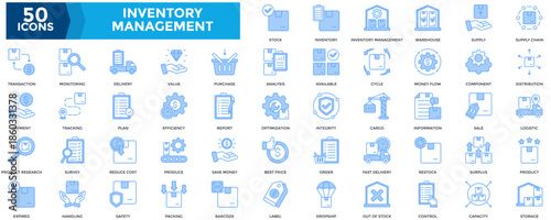 Inventory Management icon set. Containing distribution, logistic, product, , plan, efficiency, report, optimization, integrity, cargo icon. Lineal Blue style