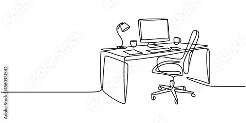 One continuous line drawing of home office interior. Modern work desk and chair with laptop in simple linear style. Remote distant work concept in editable stroke. Doodle vector illustration