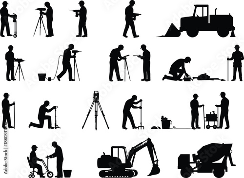 Construction, worker, silhouette, equipment, excavator, bulldozer, cement mixer, labor, machinery, site, tools, jackhammer, surveying, tripod, manual work, industrial, vehicle, civil engineering