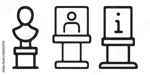 Museum Exhibit Icons. Bust, Portrait Display, Information Booth Line Art.