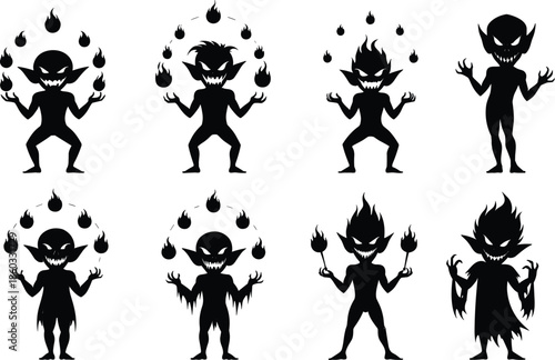 Demonic creature silhouettes, fantasy monster design, horror character art, sharp claws, flame effects, eerie expressions, black outline, spooky concept, dark theme, supernatural beings, comic style